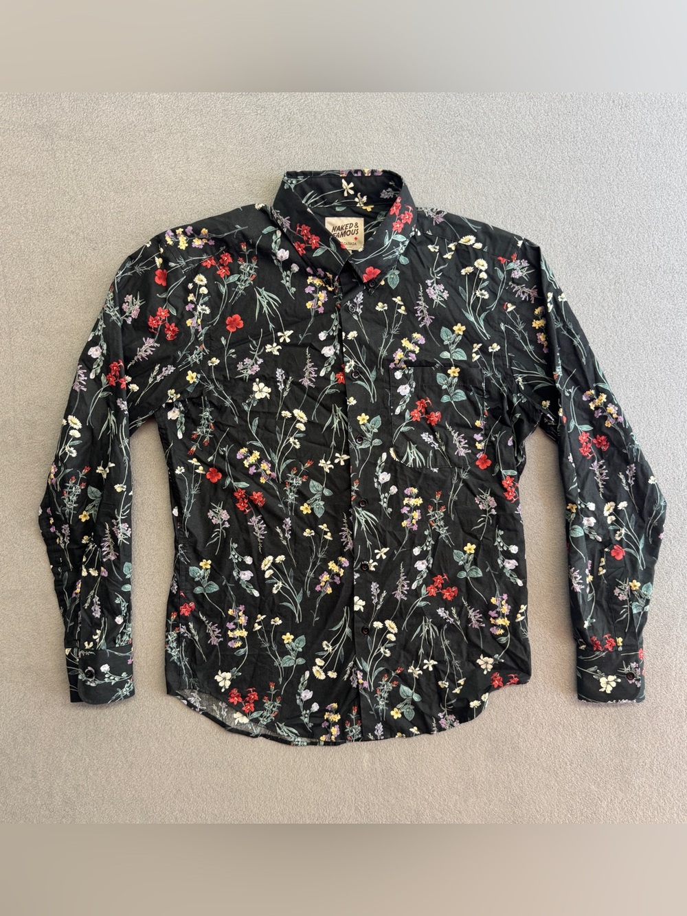 Naked And Famous Shirt Medium Men's Floral Button Up Long Sleeve Black Cotton